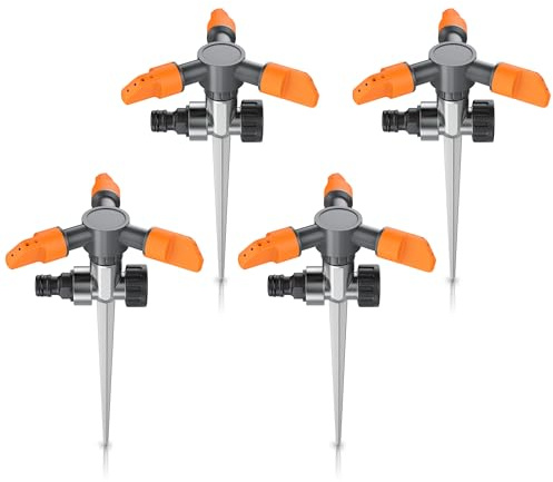 Brandson - 4 x Rasensprinkler 3 Fach mit Erdspieß – Rasensprenger 360 Grad - Flächenregner Sprühregner - Sprinkler mit 3 Arm – Einstellbarer Winkel 45° bis 90° - Reichweite bis zu 7m