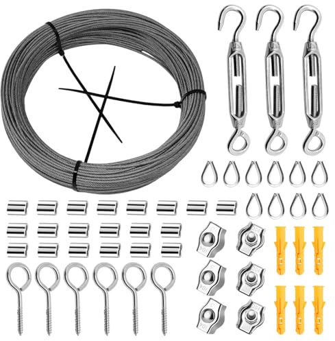 50M Drahtseil, 55 Stück Edelstahl Stahlseil Kit, Drahtseil Rankhilfe Set, Stahlseil mit Ösen, Edelstahl Seil für Gardinenseil, Wäscheleinen, Kletterpflanzen, Wasserdicht, Rostfrei