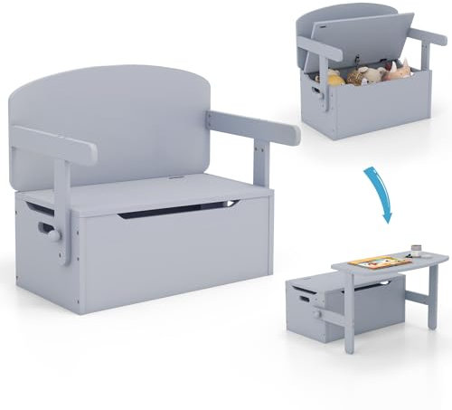 COSTWAY 3 in 1 Kindertisch mit Sitzbank, Kindersitzgruppe aus Holz mit Stauraum & Decke, Spielzeugkiste Aktivitätstisch für Kinder von 3 bis 7 Jahren, 60 x 34 x 57cm (Grau)