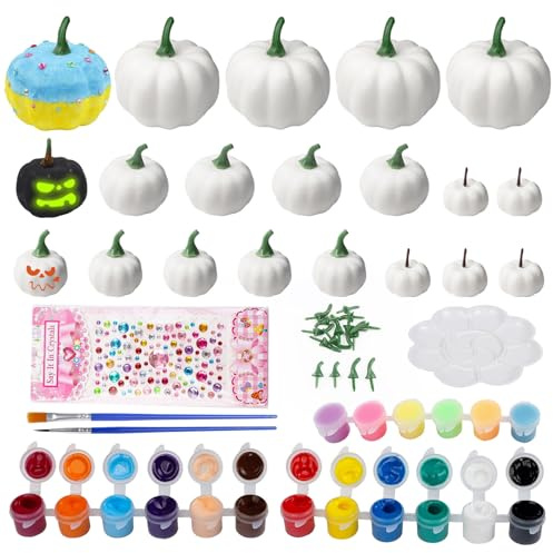 Fangoo 20 Piezas 4 Tamaños Calabazas Blancas Artificiales con Pigmento Pinceles Paleta de Clores Pegatinas Decorativas para Decoraciones de Halloween Accesorios Fotográficos