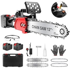 Electric Chainsaw, 12 Cordless Chain Saw 15m/s Chain Speed w 2 Rechargeable 5.0Ah Batteries, 2 Chains & Chain and Guide Bar Handheld Chainsaws for Cutting Wood, Garden Pruning Trees, Tree Trimming