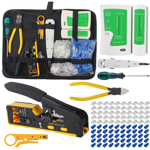 Kit de herramientas de red, conectores RJ45 de paso para Cat5, Cat6 y Cat7 con 50 conectores para cable Cat6, conectores Cat7, herramienta de inserción, kit de reparación de red RJ45/RJ11/RJ12