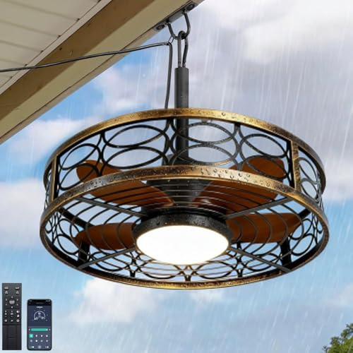 KZT Außen Deckenventilator mit Beleuchtung IP65 Wasserdicht Lampe Mit Ventilator, Dimmbare mit Fernbedienung & App-Steuerung, Vintage Käfigdesign Ventilator Deckenleuchte für Garten Pavillon Terrasse