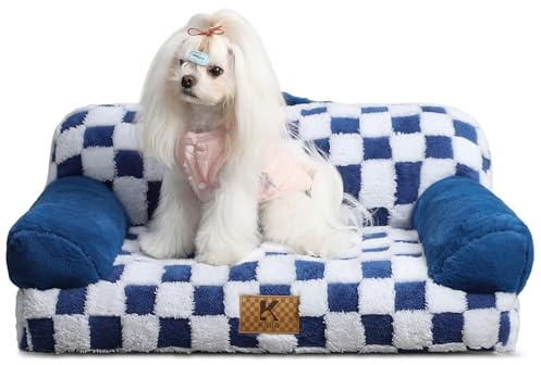 KSIIA Orthopädisches Katzenbett Flauschig 66x37cm, Abnehmbar Katzensofa Hundebett Waschbar, Hundesofa für Kleine Hunde mit Rutschfester Unterseite, Hundecouch mit Rückenlehne und Armlehnen, Blau