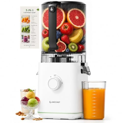 AMZCHEF Cold Press Juicer, Slow Masticating Juicer with 160mm Wide Feed Chute & 2.5L Large Hopper, 3-IN-1 Juicer Machines for Juice, Nut Milk and Sorbet, Quiet Motor, High Juice Yield, Easy to Clean