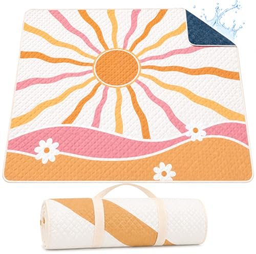 OFFASST Picknickdecke Wasserdicht 200x200cm – Stranddecke Sandfrei & Waschbar, Extra Groß Outdoor Decke für Camping, Strand, Picknick & Reisen – XXL Picnic Blanket – Strandmatte gepolstert(Sonne)