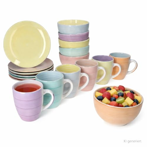 MamboCat Pastello Service de petit-déjeuner 18 pièces I 6 petites assiettes, 6 tasses à café et 6 bols à céréales en faïence I Couleurs pastel colorées avec décor tourbillon I Service de table pour 6