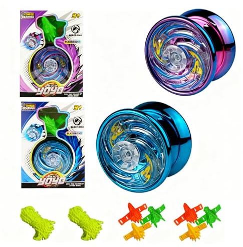 Mindu 2Pcs Light Up Alloy Yo-Yo for Beginners | Yo-Yos for tricks with extra strings – professional ball with unresponsive bearing（blue + purple)