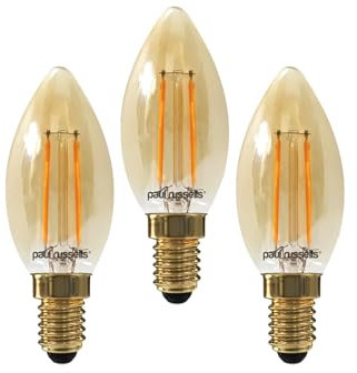 paul russells LED Candle Filament Light – 2.5W 20W Equivalent Replacement, 200LM Lumens, 2200K Extra Warm White, SES E14 Small Edison Screw C35 Bulbs – Energy Saving Non-Dimmable Lamps - 3 Pack