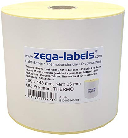 Thermo Etiketten auf Rolle - 105 x 148 mm - 563 Stück je Rolle - Kern: 25 mm - aussen gewickelt - permanent haftend - mit Perforation - Druckverfahren: Thermodirekt (Drucken ohne Farbband)