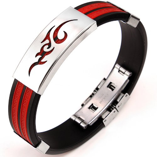 JewelryWe Schmuck 14,5 mm Breite Edelstahl & Gummi Herren Armband Armreif Flamme