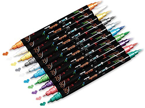 Rotulador Metálico 10 Colores Brillantes Marcador Metálico para Manualidades Rotuladores Metalizados Doble Punta para Álbum de Fotos Papel Negro Scrapbooking Roca Vidrio,Medio & Punta del Pincel