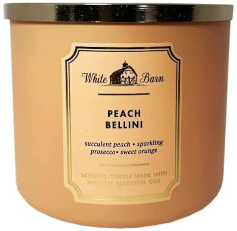 Bath and Body Works, White Barn 3-Wick Candle w/Essential Oils - 14.5 oz - 2021 Core Scents! (Peach Bellini)