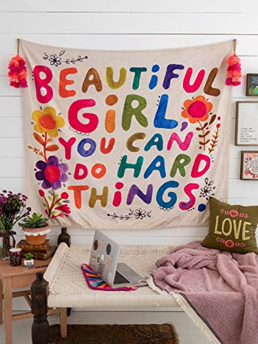 AEARGIV Wandteppich mit buntem Beautiful Girl You Can Do Hard Things-Blumen-Motiv, lustiger Buchstaben-Druck, inspirierende Wohnheim-Dekoration für Wohnzimmer, Schlafzimmer (120 cm L x 100 cm, Weiß)