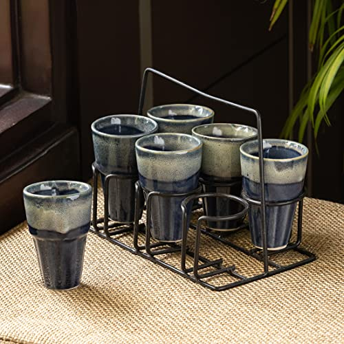 ExclusiveLane 'Buzzing Blues' Stoneware Tea Glasses Set of 6 with Iron Holder | Indian Cutting Chai Glass with Holder, Chai Glasses Indian for Home, Kitchen, Office (Set of 6, Faded Blue)