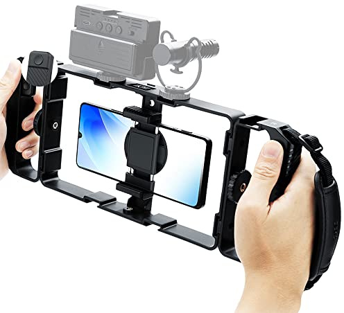 JJC Smartphone Video Rig Fernbedienungs Set mit 6 Kaltschuh Halterungen für iPhone 17 16 15 14 13 12 11 Pro Max Huawei Samsung Handy Video Halterung Stabilisator Filmemacher Käfig