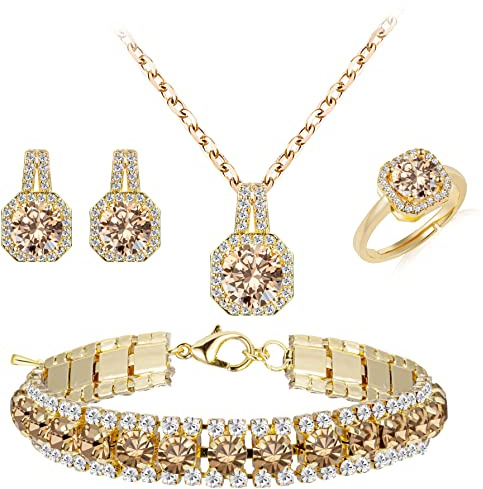 Paxuan 4pcs Cubic Zirconia Wedding Jewelry Sets for Bride Bridesmaid Cubic Zirconia Pendant Necklace Earrings Link Tennis Bracelet Open Ring Set for Women