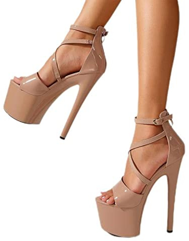 Sexy Super Talons Hauts Plate-forme Pole Danse Décapants Mode Open Toe Boucle Sangle Sandales Été Fermeture À Glissière Femmes Pompes, Abricot, 35 EU