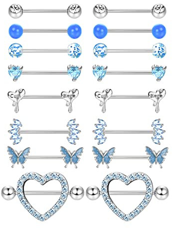 Adramata 8 Paar 14G Nippelpiercing Chirurgenstahl Brustwarzenpiercing Set CZ Schmetterling Nippel Piercing Set Kugel Herz Zungenstangen Nippelpiercing Körper Piercing Schmuck Damen