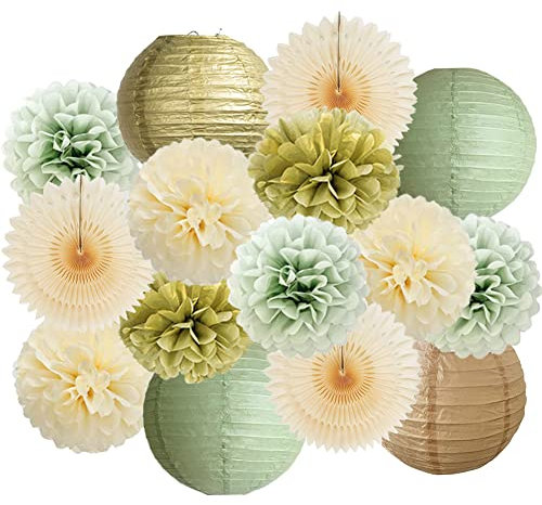 Party Deko Salbeigrün Gold Beige Geburtstag Party Deko Salbei Beige Pompons Salbeigrün Gold Creme Kit für Babyparty Neutral JGA Deko Frauen Salbei Grün Gold Braut Party Geburtstagsdeko