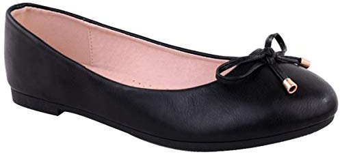 Womens Flat Pumps Ladies Girls Dolly Dollie Ballet Ballerina Work Smart Office Formal Comfort Bow Round Toe Slip On Flats Shoes Black Faux Leather