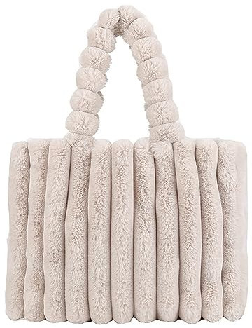 GSenhui plysch handväska tygväska, plysch axelväska buffertväska hobo-bärväska dam stor och liten fluffig väska med magnetlås handtag väska vinter flicka, L-beige