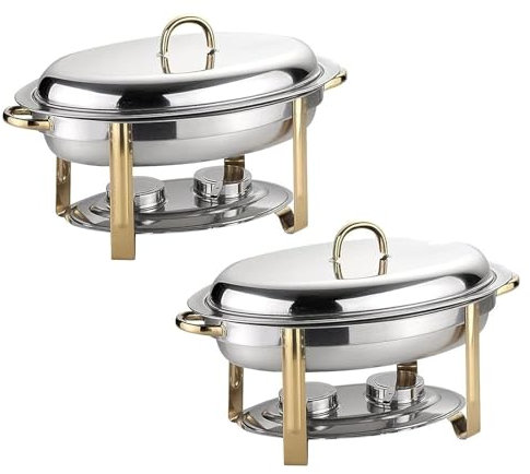 UE-MAOLU 2 Pac 6L Oval Chafing Dish Set, Stainless Steel Buffet Warmer Tray Buffet Trays With Lids With Food Pan, Water Pan And Fuel Holders