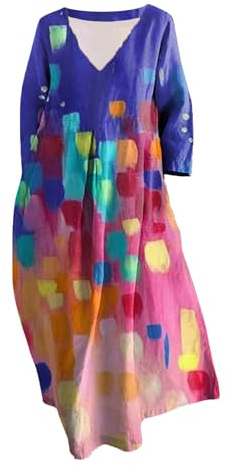 Cihdmfb Sommerkleid Damen Große Größen Sommer V-Ausschnitt 3/4 Ärmel Strandkleider Maxikleid Vintage Blumen Drucken Lange Blusenkleid Tunika Kleider Leicht Bequeme Freizeitkleider