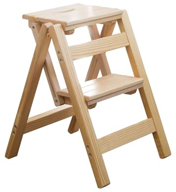 Chaise échelle à 2 marches, escabeau Pliant avec pédale Large antidérapante, escabeau Pliable créatif léger et Robuste, idéal pour la Maison, la Cuisine, Le Bureau – Bois Naturel