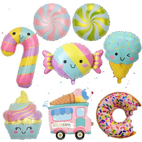 Eiscreme Donut Candy Folienballons, 8 Stück Kinderparty Geburtstag Dekorationen Süßigkeiten Ballons Eisbecher Eiswagen Luftballons für Jungen Mädchen Sommer Ice Cream Party Dekoration