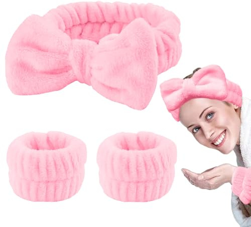 JFAN Stirnband und Armband Set Spa Bowknot HaarbäNder Elastic Spa Haarband füR Yoga üBungen Makeup Bad(Rosa,Einheitsgröße)