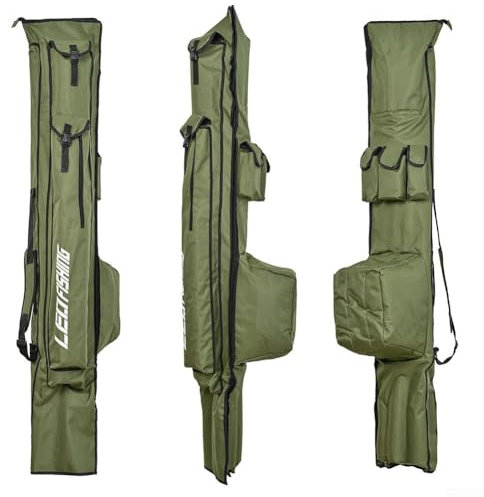 snowchecking Professionelle Angeltasche mit Taschen für Angelwerkzeuge und Zubehör (1,95 m) aus 1000D Oxford-Material in Einfarbig Grün