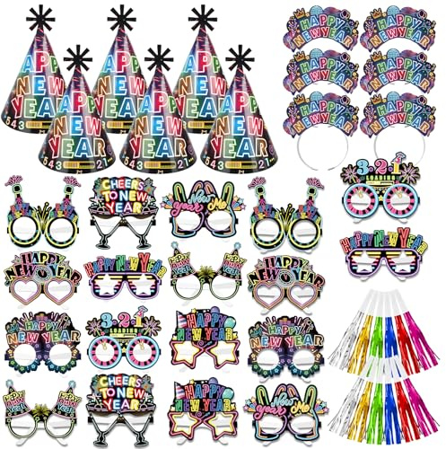 DPKOW 42 STK 2026 Silvester Accessoires Neon, Haarreif Partyhüte Brillen Partytröten Kopfschmuck für Neujahr 2026 Silvester Party Zubehör Neon Foto Requisiten
