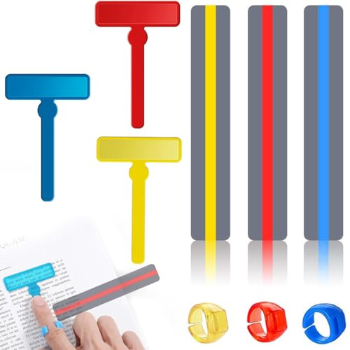 PYRUVAE 3 Pièces Outils de dyslexie pour Enfants,Doigt Bague De Lecture Enfant,3 Bandes de Lecture guidées par Les Doigts avec 3 Anneaux de Doigt, Bandes de Lecture en surbrillance