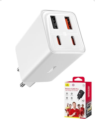 Baseus 65W Caricatore USB C GaN 6 Tech, Caricabatterie USB, Alimentatore Compatibile con MacBook Air/Pro, Surface, iPhone 16/15/14, iPad, Samsung Galaxy S25 Ultra/S24-S20, Pixel, bianco