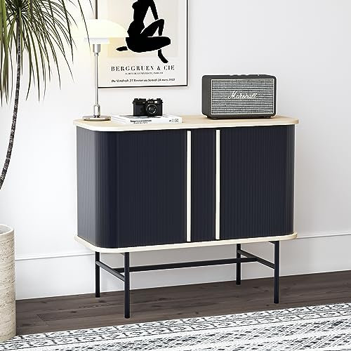 roomfitters Sideboard mit Schiebetüren, Modern Aufbewahrungsschrank, Schuhschrank mit Schiebetür, Buffetschrank, Beistellschrank mit Rollladen, Anrichte für Wohnzimmer, Küche, Schwarz