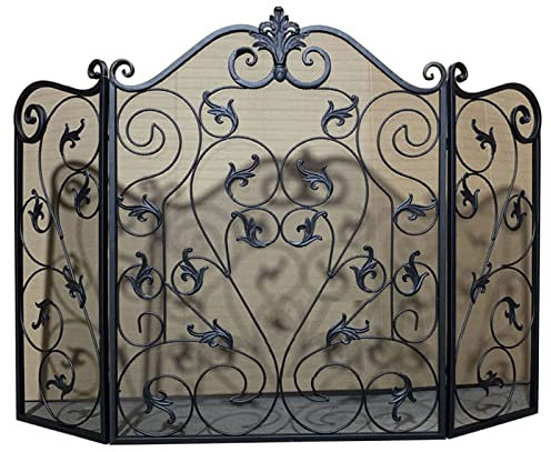 EPOTRDCV Fire Guard 3 Panel Large Fireplace Screen, Decorative Scroll Fire Sprak Guard with Steel Mesh, for Log Wood Burner/Gas Fire/Electric Fireplace