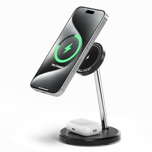 2 in 1 Wireless Charging Station Inductive Charging Station Magnetic Wireless Charger compatible with iPhone 12/13/14/15/16, 15W Wireless Charger Stand compatible with AirPods 4/3/2/Pro (No Adapter)