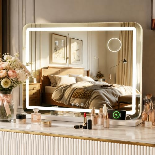 MAMIZO Schminkspiegel mit Beleuchtung, 80X62cm, Mit USB und Typ-C, Großer Hollywood Spiegel,10x-Lupe,3 Farbtemperaturen, Wandspiegel, Tischspiegel, mit Touchscreen-Steuerung, Kosmetikspiegel mit licht