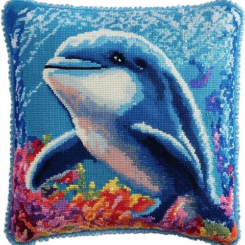 WallustrioaW DIY knüpfen set kissen knüpfhaken set Meerestiere Delfine,Kits zur Herstellung von Kissenbezügen/Kissenbezügen,Knüpfhaken-Kits für ein Starterprojekt,43x43cm
