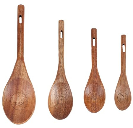 NICENEEDED Juego de 4 Cuchara Medidora, Cucharas Medidoras de Madera de Acacia Natural, Cucharas Medidoras Pequeñas de Mango Largo, Medición de Ingredientes Secos En la Cocina