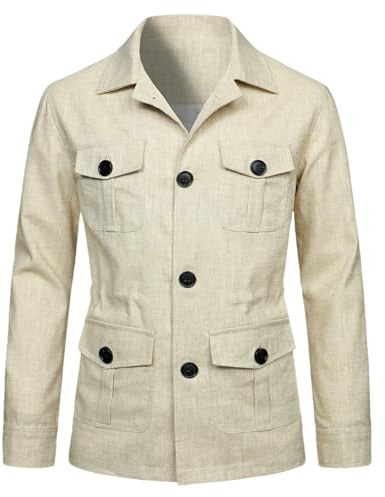 aromm Lätt linnejacka för män knapp upp andningsbar casual blazers kappa med fickor, BEIgE, XXL