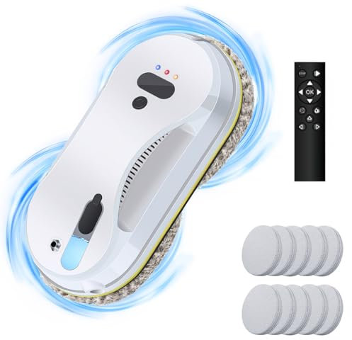 Robot nettoyeur de vitres avec fonction pulvérisateur, 5600 Pa, nettoyeur de vitres électrique, télécommande, avec réservoir de 40 ml, 8 chiffons, robot de nettoyage automatique pour toutes les