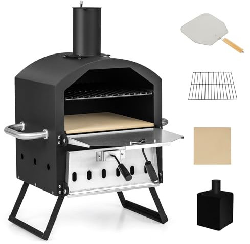 SPOTRAVEL 2-Layer Outdoor Pizza Oven, Wood Fired Pizza Maker with Grill, Stone, Peel, Waterproof Cover & Foldable Legs, Patio BBQ Cooker Heating Oven for Camping Picnic Party