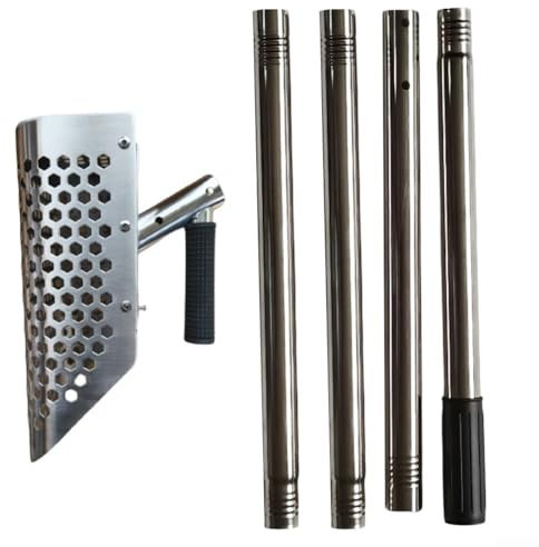 Sumsoctober Rastrillo de acero inoxidable, pala de arena de mango largo resistente, herramienta de metal de playa, agarre antideslizante, pala cuadrada, agujeros de drenaje de arena de alta densidad