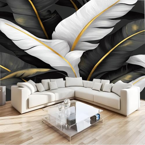 Nero Carta da parati Fotomurali Vello Murale, Foglia Di Banano Moderna Linea Dorata 350 x 256cm per Moderne Decorazione Soggiorno Camera De Letto Sala Ufficio
