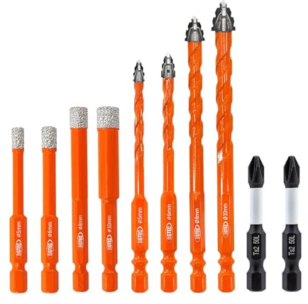 BGTEC Verzahnter Hartmetall Bohrerset 10 Stück - 5/6/8/10MM Steinbohrer Set & 5/6/8/10MM Diamantbohrer mit Schlagschrauber-Bits für Holz, Kunststoff, Ziegel, Fliesen, Glas, Beton & Marmor | Hartmetall- und Diamantbohrer, inklusive PH2 Schrauberbits für Fliesen, Keramik, Glas, Marmor und Mauerwerk