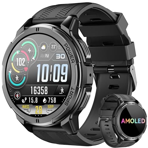 OUKITEL Orologio intelligente da uomo, smartwatch uomo AMOLED con chiamate Bluetooth, 5 ATM impermeabile, 100+ modalità sport cardiofrequenzimetro pressione sanguigna monito del sonno, Android iOS