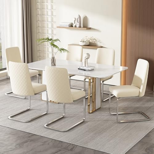 Juego de 4 sillas de comedor de terciopelo, silla oscilante, sillón con respaldo ligeramente acolchado y patas de metal, silla moderna (6, base blanca + plata, gran tamaño)