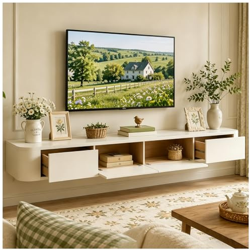 JUNFUNNLE Schwebende TV Schrank 240cm Weiß, TV Lowboard Hängend mit 2 Schubladen & 2 Klappen Türen, TV Board Hängend mit Kabelmanagement, Hänge Sideboard für Wohnzimmer und Esszimmer